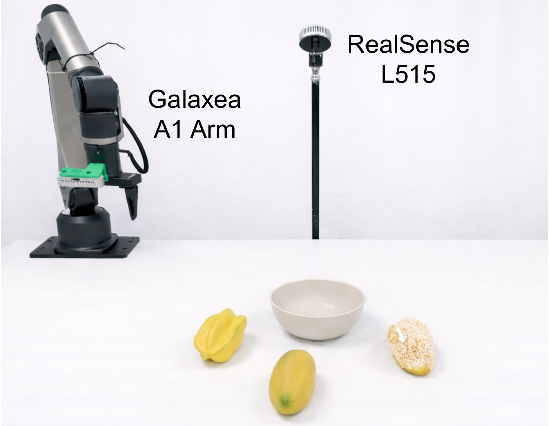 Real-world setup: Galaxea A1 robotic arm with parallel gripper and RealSense L515 RGBD camera